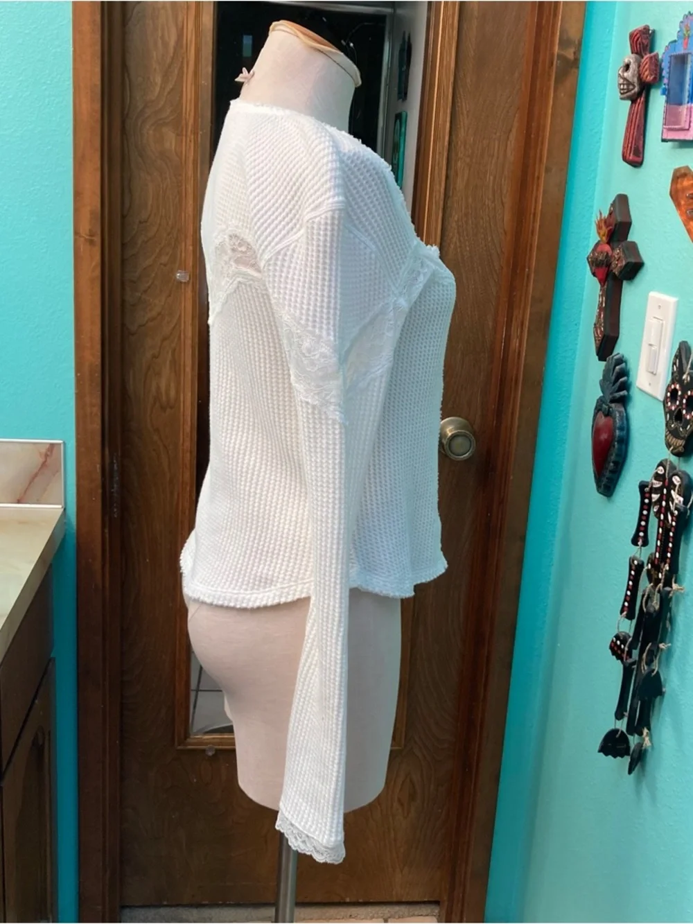 Free People White Lace-Trim Waffle Knit Button Cardigan
